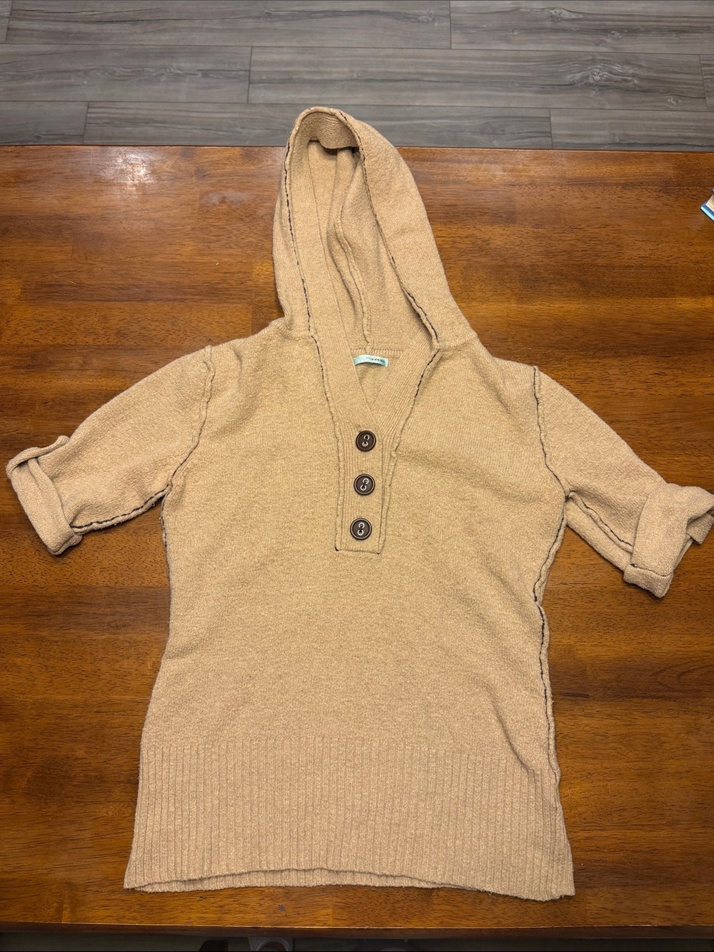 Maurices Tan Ribbed 3/4 Sleeve Quarter-Button Sweater M